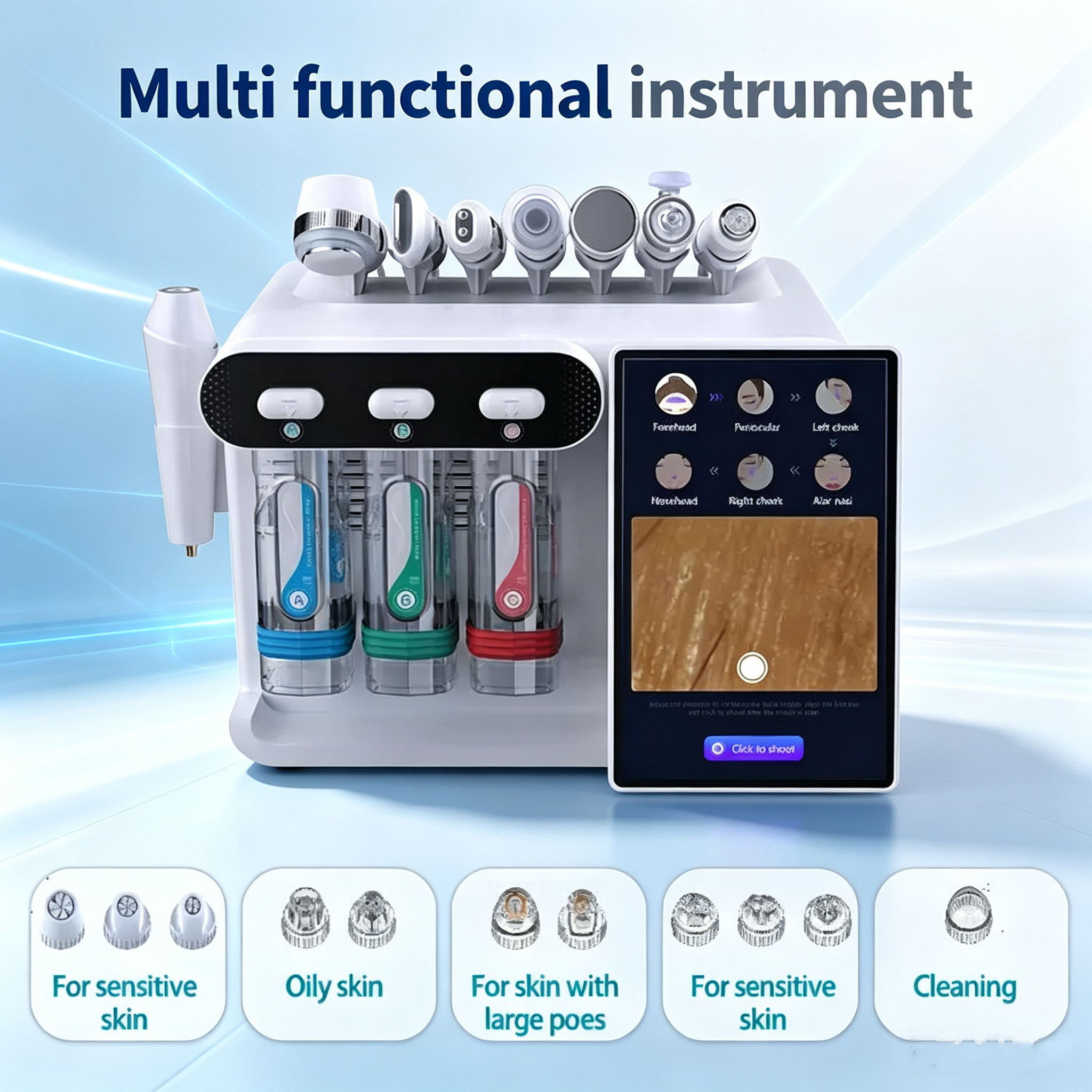 Professional 8-in-1 Skincare Microcrystalline Grinding Machine AI Skin Analyzer Oxygen Jet Small Bubble Facial Machine