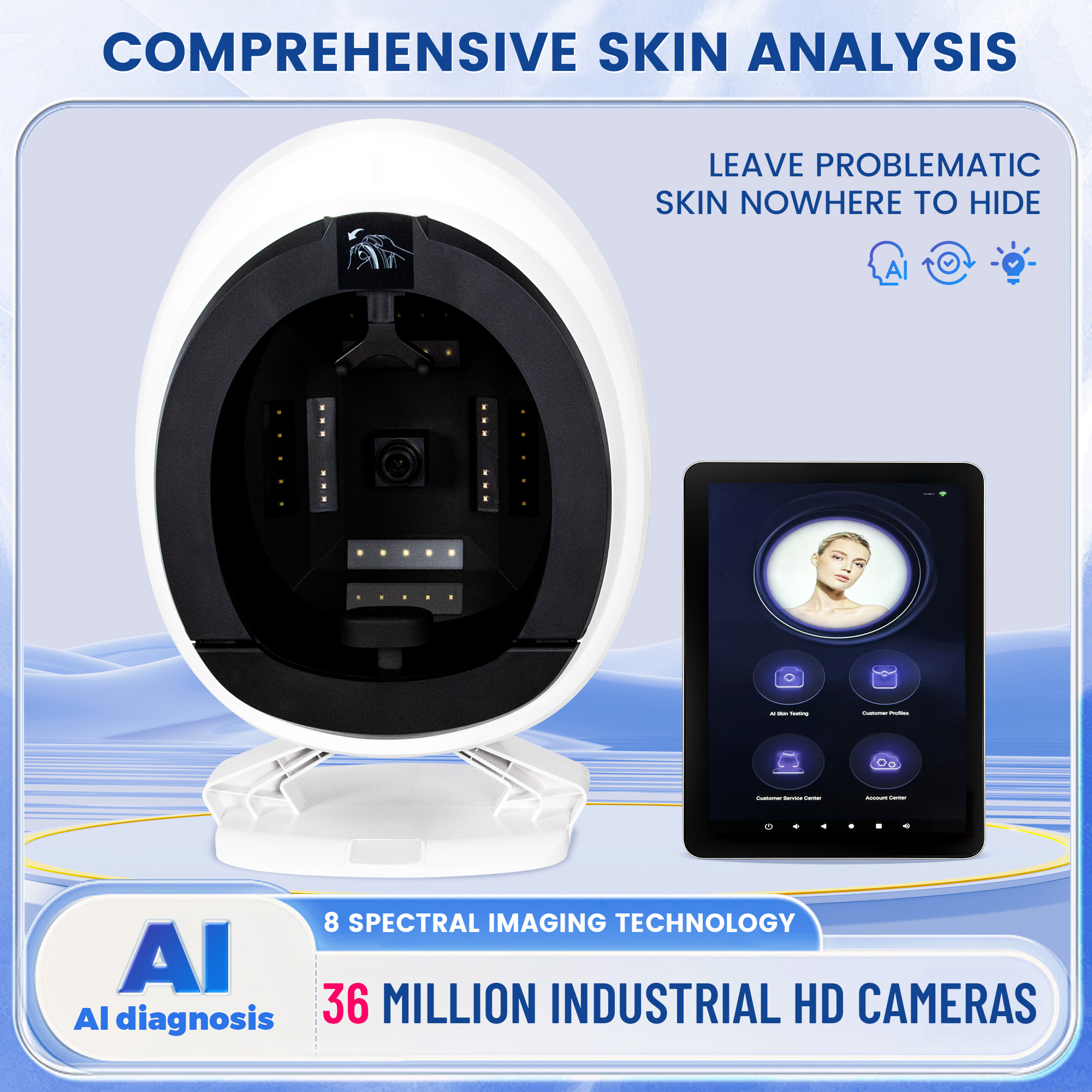 Professional AI Skin Analyzer 36MP HD Camera 8 Spectrum Facial Skin Detector 19 Indicators Quantitative Skin Diagnostic Machine
