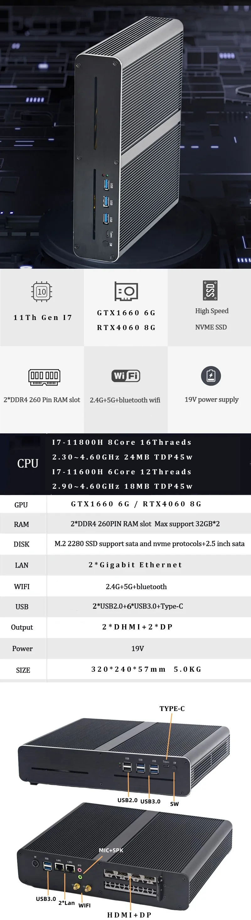 11th Gen Upgraded Version MINI Gaming PC Intel Core I7-11800H RTX 3070 8G RTX3060M 12G RTX4060 8G GPU 2 * DDR4 4 Screen Output