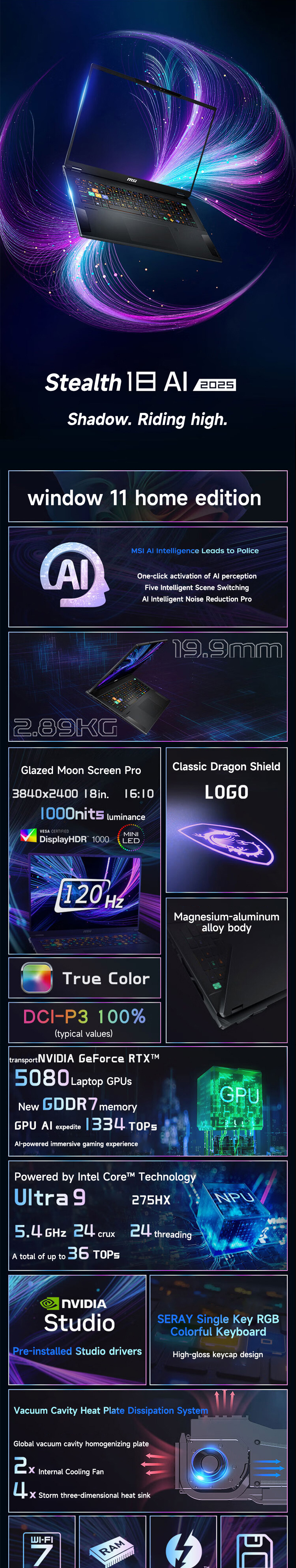 2025 MSI Stealth 18 HX AI Gaming Laptop 18 Inch 4K 120Hz Mini LED Screen Netbook Intel Ultra 9-275HX 64GB 2TB RTX5090 Notebook PC