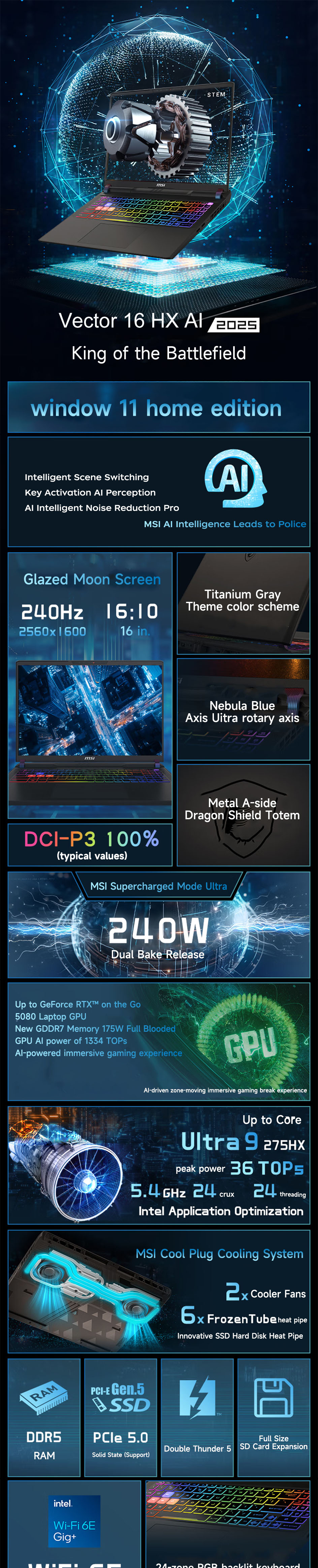 2025 MSI Vector 16 HX AI Gaming Laptop 16 Inch 2.5K 240Hz IPS Screen Notebook Ultra 9-275HX 32GB 2TB RTX5080 Netbook Computer PC
