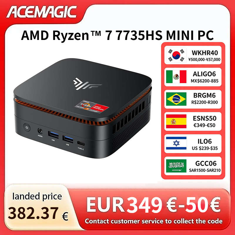 ACEMAGIC Ryzen 7 7735HS Gaming Mini PC 24GB LPDDR5 6400MHz 1TB NVMe SSD Radeon Graphics 8C 16T Desktop Computer 4K Triple Display
