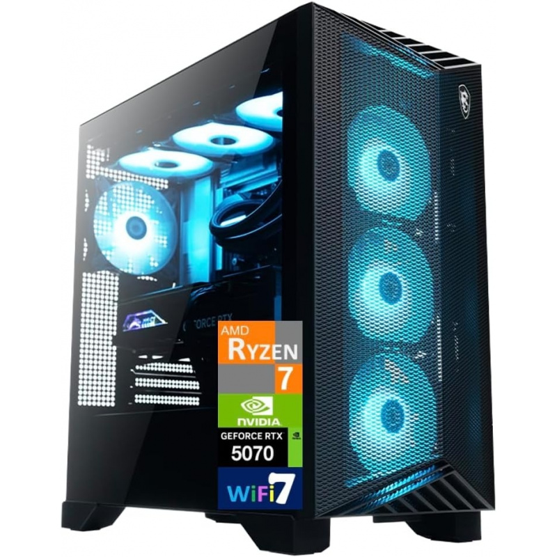 AI Gaming Desktop PC (Ryzen 7 9700X, GeForce RTX 5070 12GB GDDR7, 32GB DDR5, 4TB PCIe SSD, RGB Fans, 360mm AIO, 75