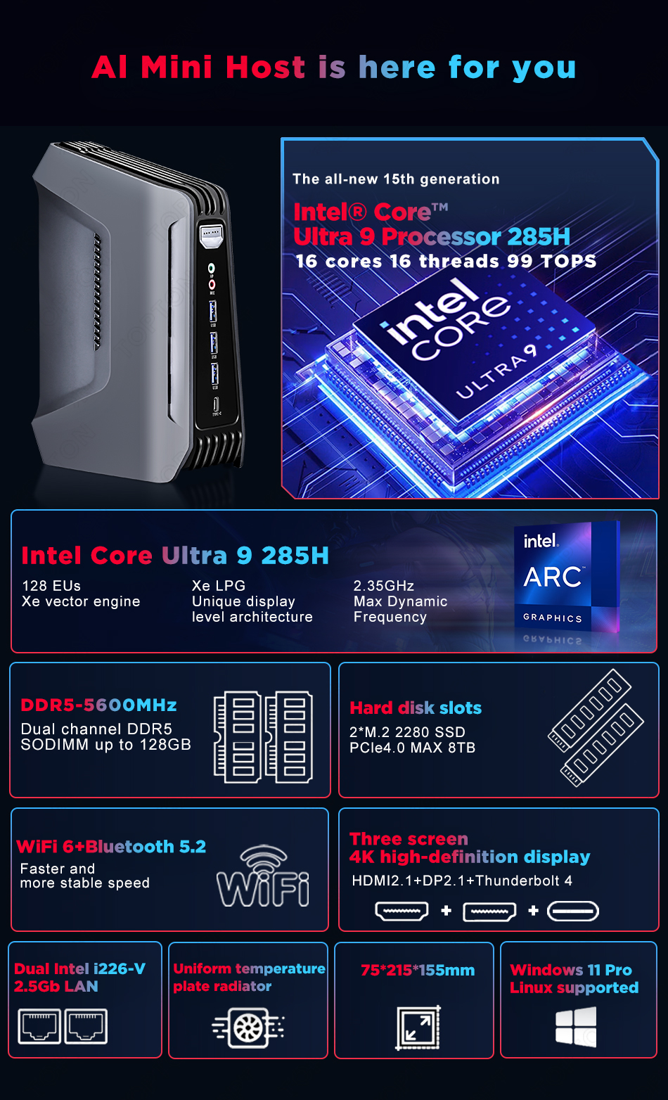 AI Performance Mini Pc Intel Core Ultra 9 285H (up to 5.4GHz)7 255H Thunderbolt 4/HDMI/DP Micro Desktop Computer for Work/Gaming - Image 3