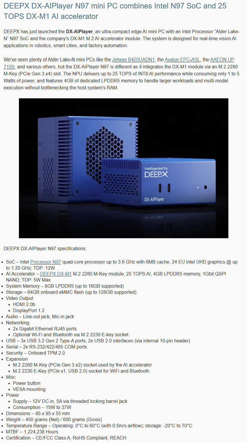 DEEPX DX-AI Player N97 Mini PC, Intel N97 SoC with DX-M1 25TOPS AI Accelerator, Compact Edge AI Box