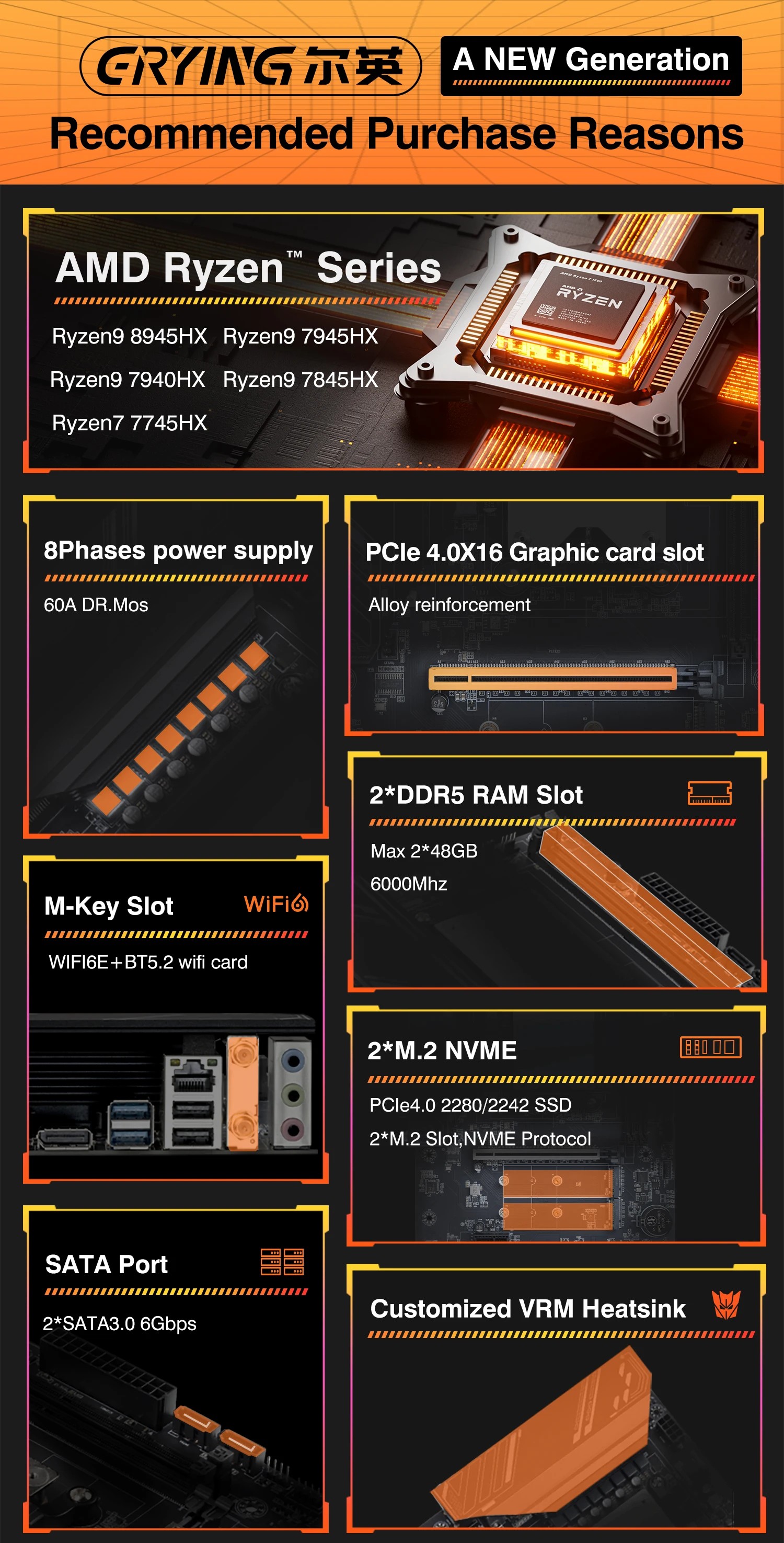 ERYING Ryzen 9 7845HX/7940HX/7945HX/8945HX Gaming Motherboard DDR5 M.2 2280 SSD M-ATX Motherboard WIFI6E ARGB AM5 Socket Gaming PC