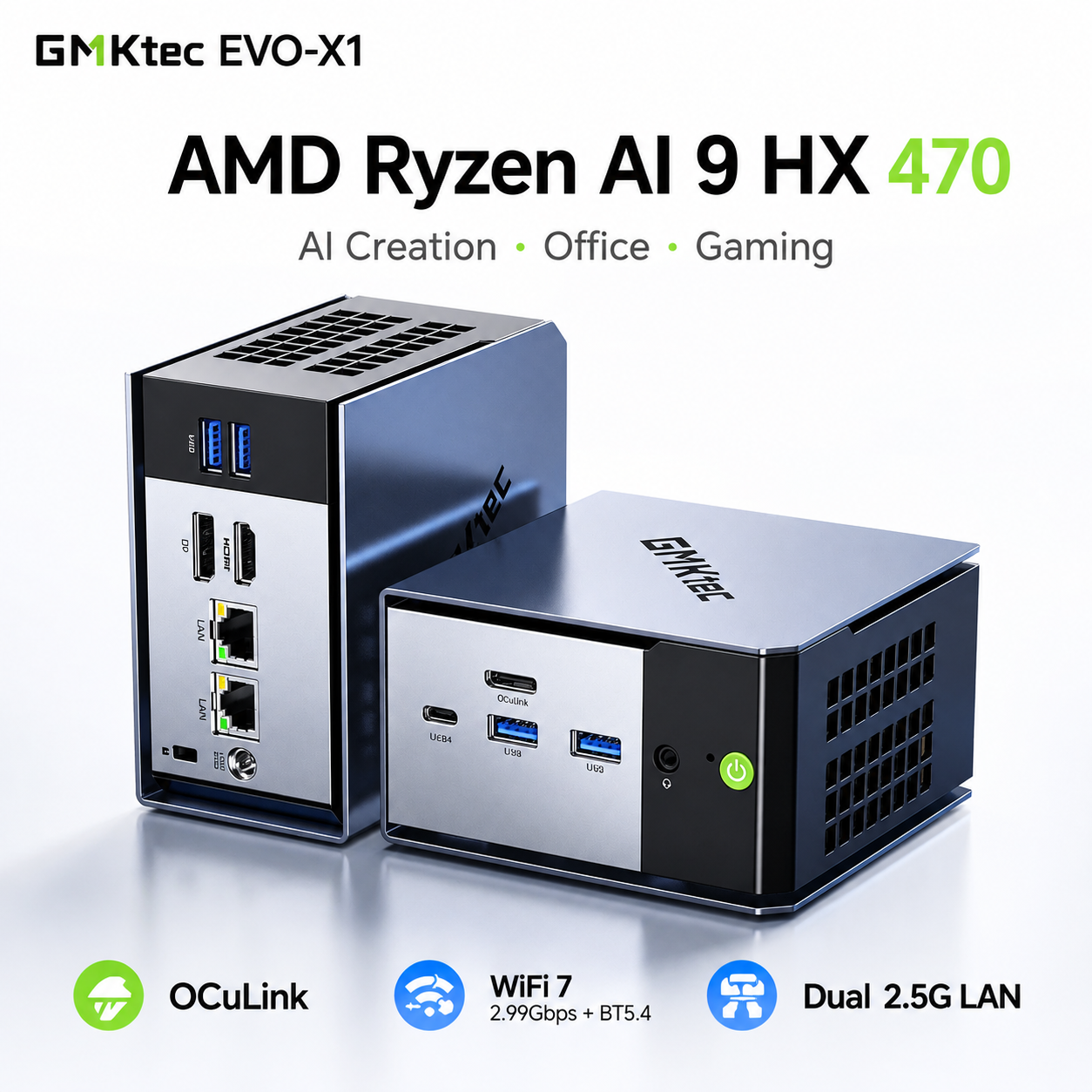 GMKtec EVO-X1 Mini PC AMD Ryzen AI 9 HX 470 64GB RAM OCuLink Wi-Fi7 Triple Display HDMI2.1 DP2.1 USB4 Desktop