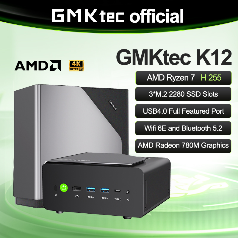 GMKtec K12 Mini PC AMD Ryzen 7 H 255 Dual DDR5 5600MT/s 3 SSD PCIe4.0 WiFi 6 BT 5.2 Dual 2.5G LAN OCulink Desktop Computer