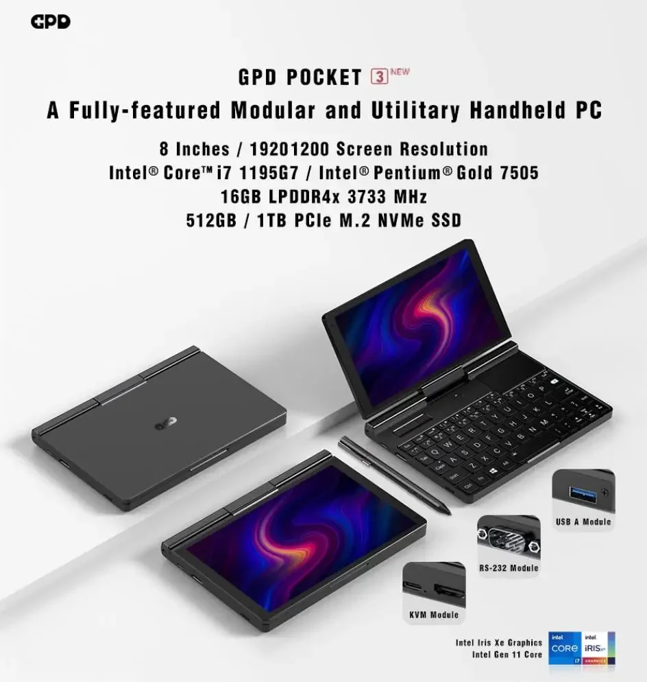 GPD Pocket 3 Mini 8" Modular Laptop, i7 / 7505, 16GB RAM 1TB Storage, Portable Notebook