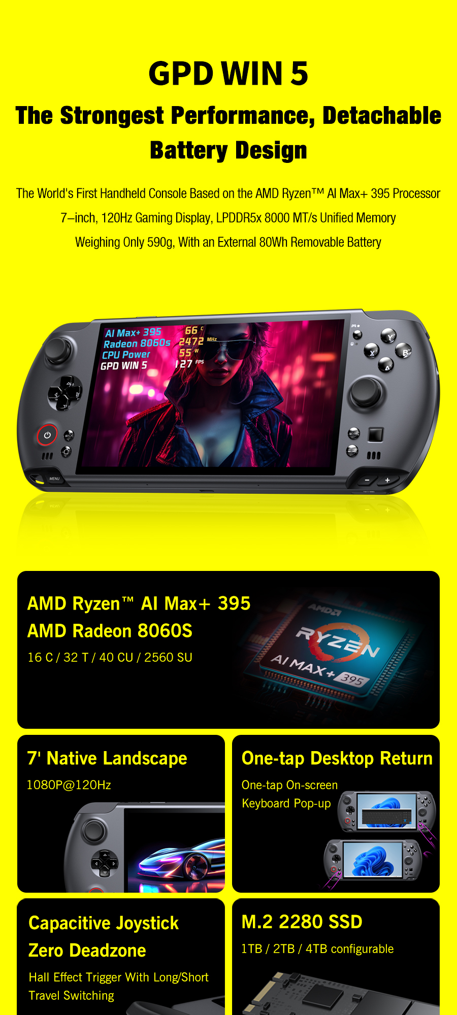 GPD Win 5 Handheld Gaming AI MAX+ 395 64+2 Fingerprint Unlock Capacitive Joystick Laptop 7 Inch DDR5 RGB Gaming Laptop Portable
