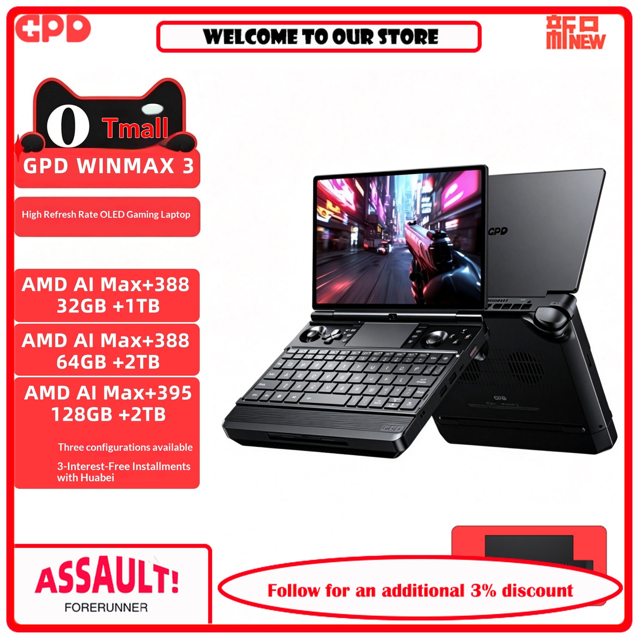 GPD Win Max 3 Handheld Gaming PC, AMD Ryzen AI Max + 395 Processor 165Hz AMOLED Touch Screen Portable Mini Laptop for AAA PC Game