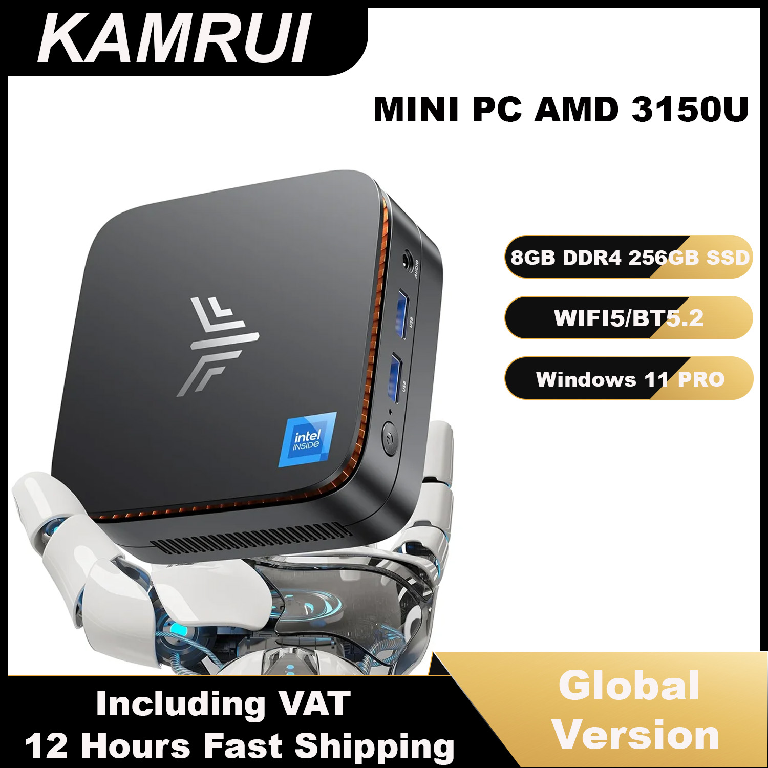 KAMRU Mini PC AMD 3150U 3.3GHz DDR4 8GB 256GB M.2 SSD Win11 Pro 4K HDMI Dual WiFi BT4.2 Mini Desktop PC for Business Home Office