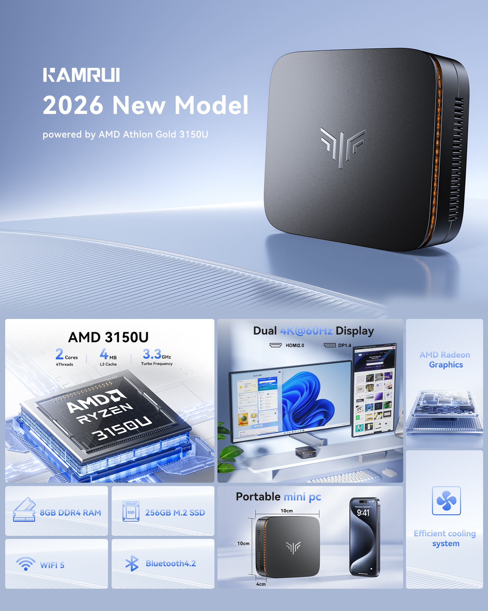 KAMRU Mini PC AMD 3150U 3.3GHz DDR4 8GB 256GB M.2 SSD Win11 Pro 4K HDMI Dual WiFi BT4.2 Mini Desktop PC for Business Home Office