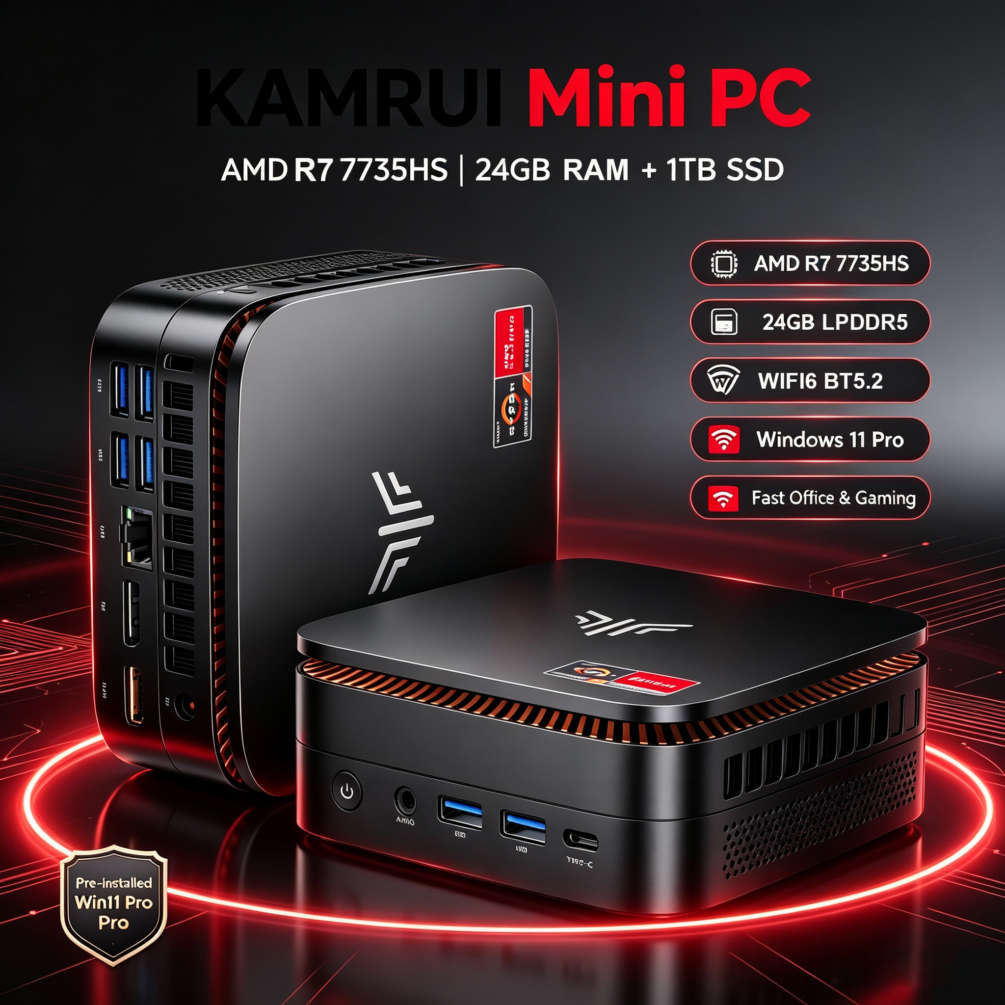 KAMRUI Mini PC AMD Ryzen 7 7735hs 24GB LPDDR5 1TB M.2 NVMe PCIe3.0 SSD Max 4.75 GHz WIFI6 BT5.2 Win11pro Desktop Gaming Computer