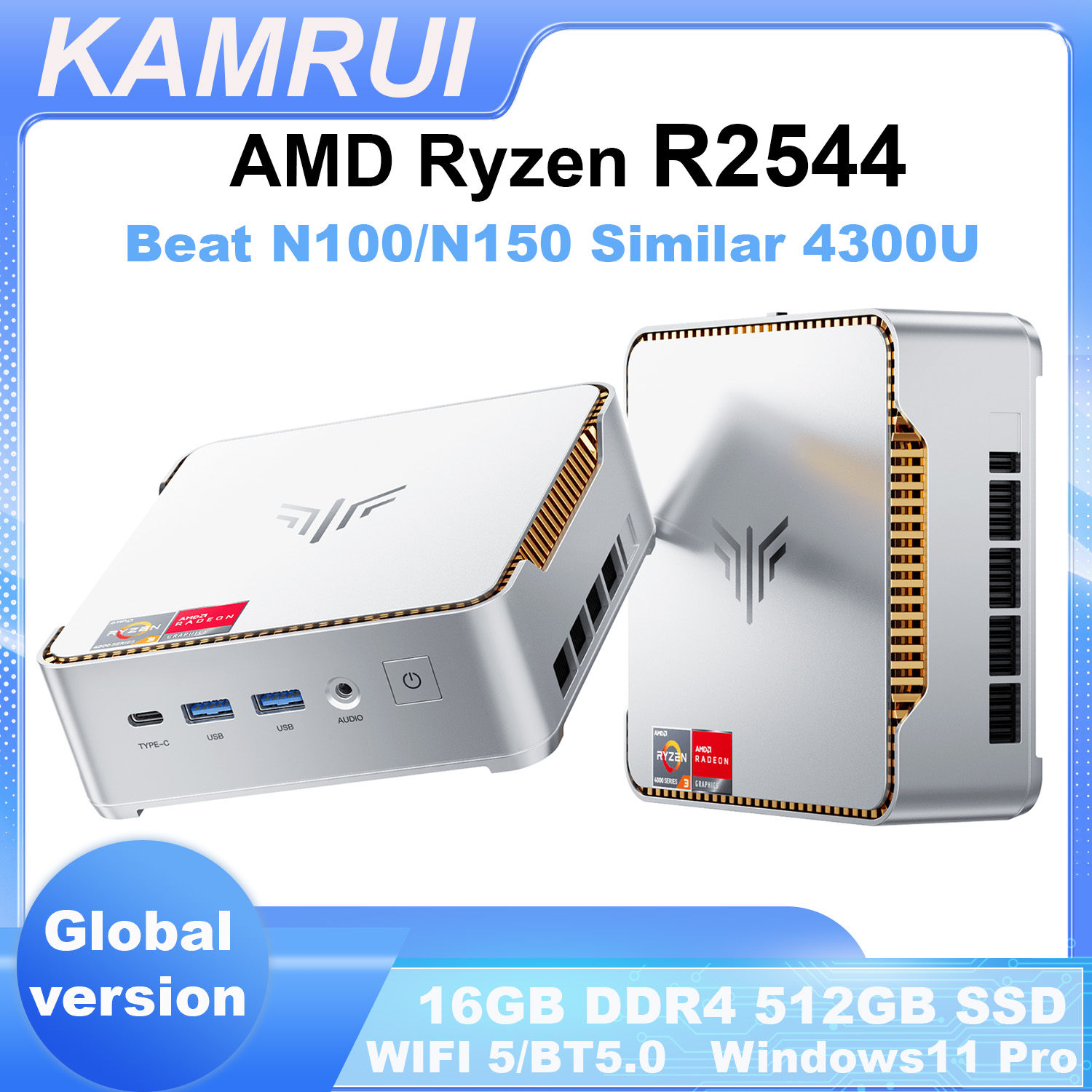 KAMRUI Mini PC AMD Support ECC 16GB DDR4 512GB SSD Win11 Pro Desktop Computer 4C/8T 3.7GHz Triple 4K Display for Office Home NAS