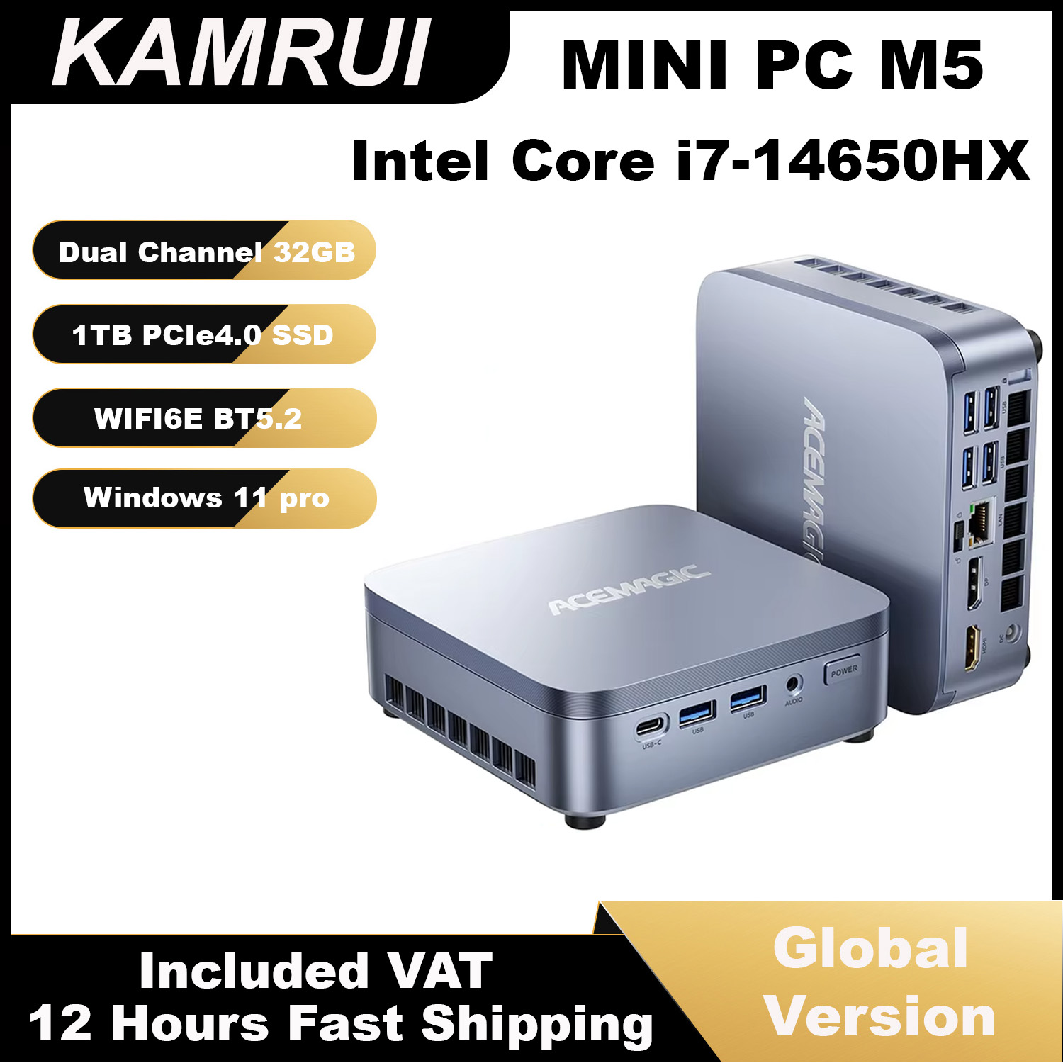 KAMRUI Mini PC Intel i7-14650HX 16Cores 32GB DDR4 1TB SSD 5.2GHz Mini Desktop Computer Wifi6E 4K@60Hz Win11pro for Gaming Design