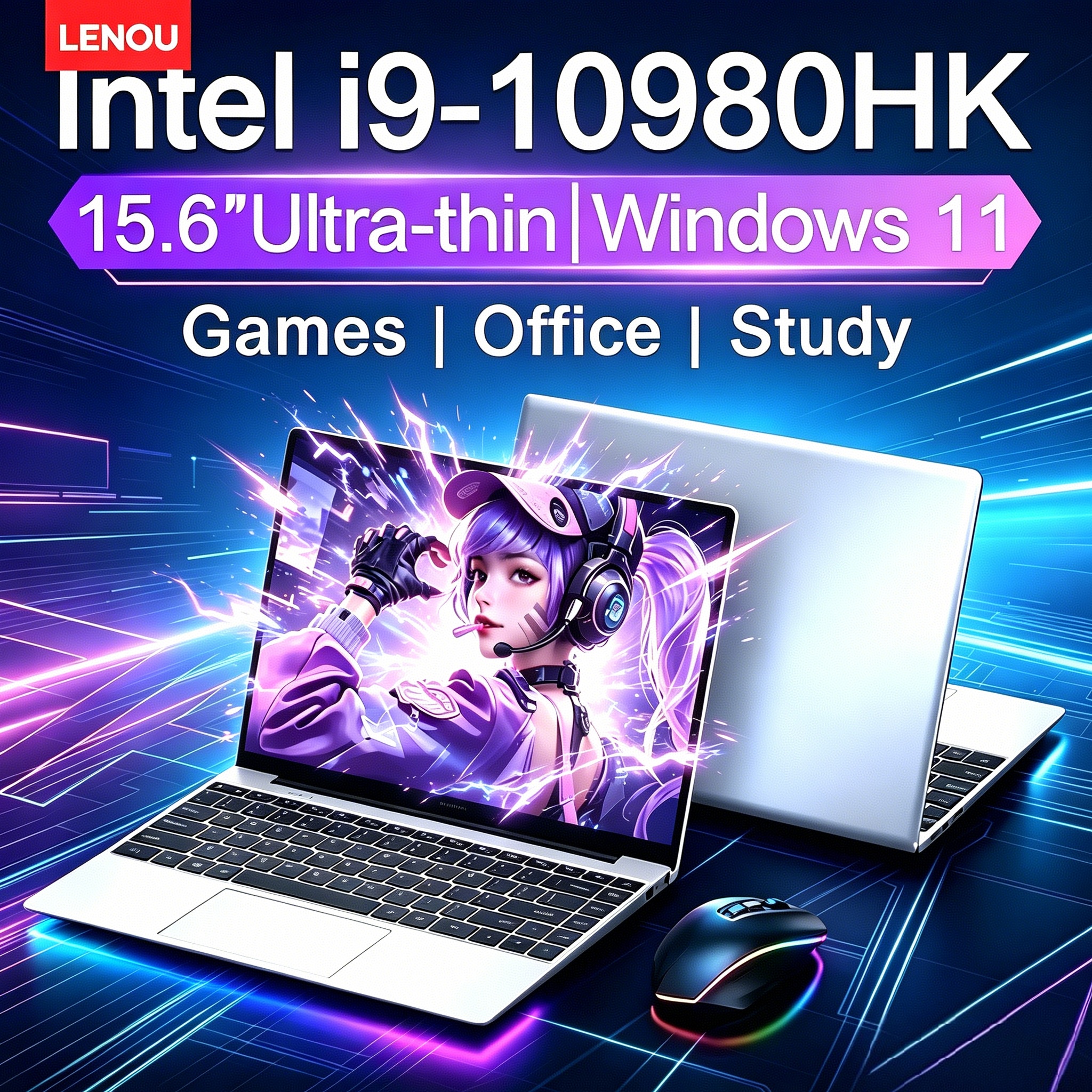 LENOU 15.6' HD Gaming Laptop Intel Core I9-10980HK 16GB DDR4 1TB/2TB SSD Windows 11 Gamer Computer Office Business Notebook PC