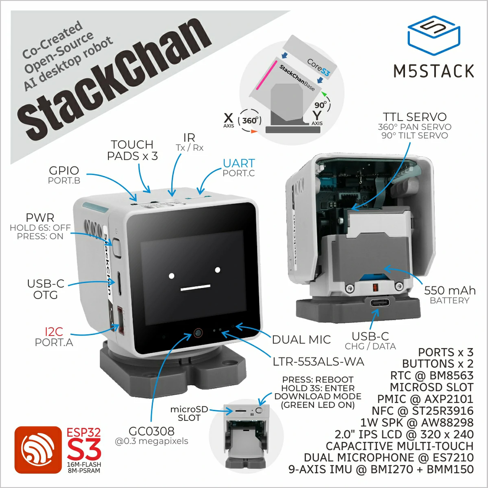 M5Stack Official Stack Chan: Kawaii Co-Created Open-Source AI Desktop Robot(ESP32-S3)