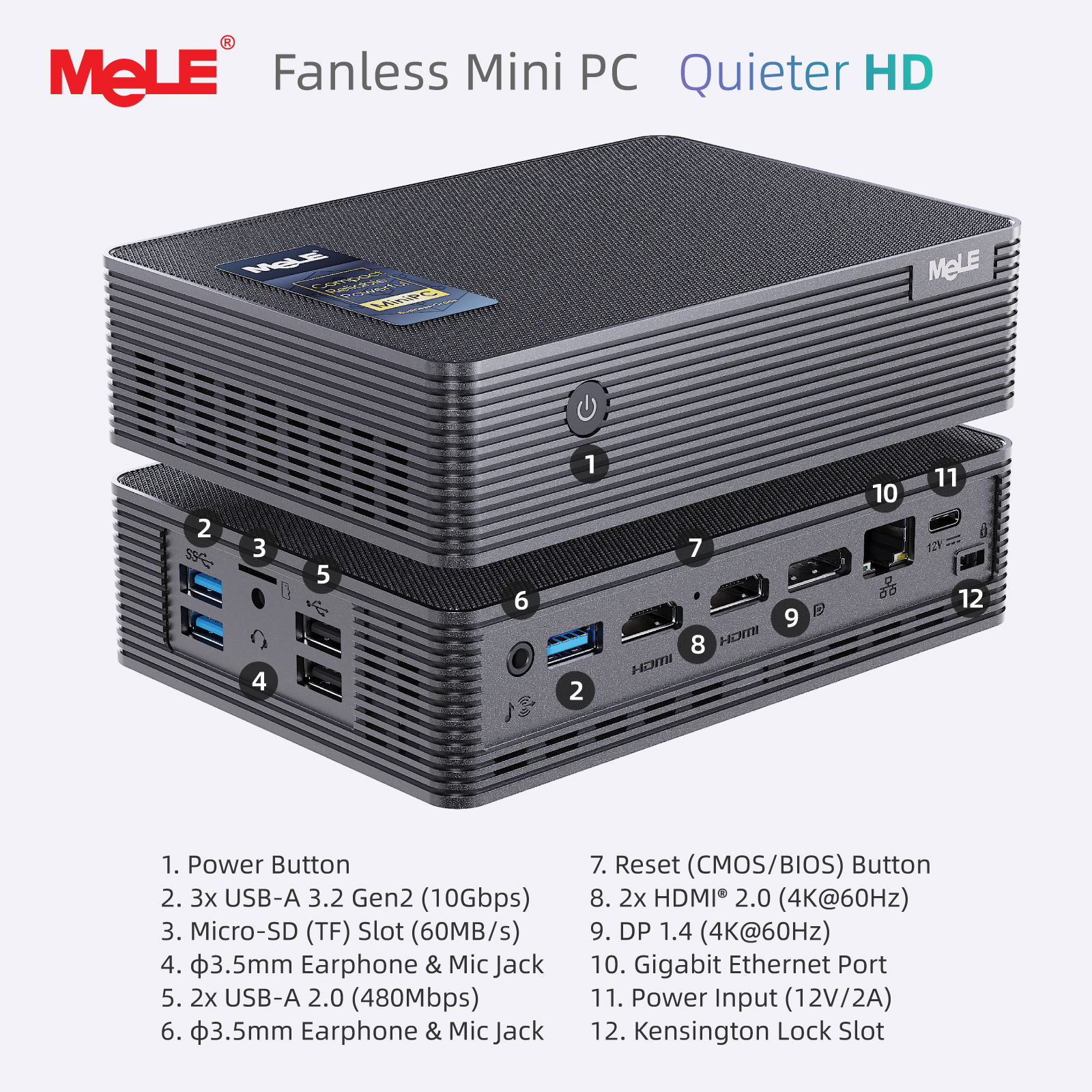 MeLE Fanless Mini PC QuieterHD3 N150,8GB 128GB Micro Computer Small Desktop with Gigabit Ethernet, WiFi 5 2xHDMI 2.0,DP 1.4