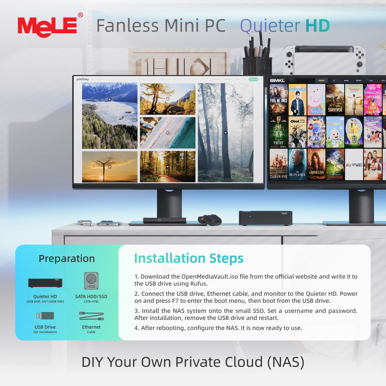 MeLE Fanless Mini PC QuieterHD3 N150,8GB 128GB Micro Computer Small Desktop with Gigabit Ethernet, WiFi 5 2xHDMI 2.0,DP 1.4 - Image 4