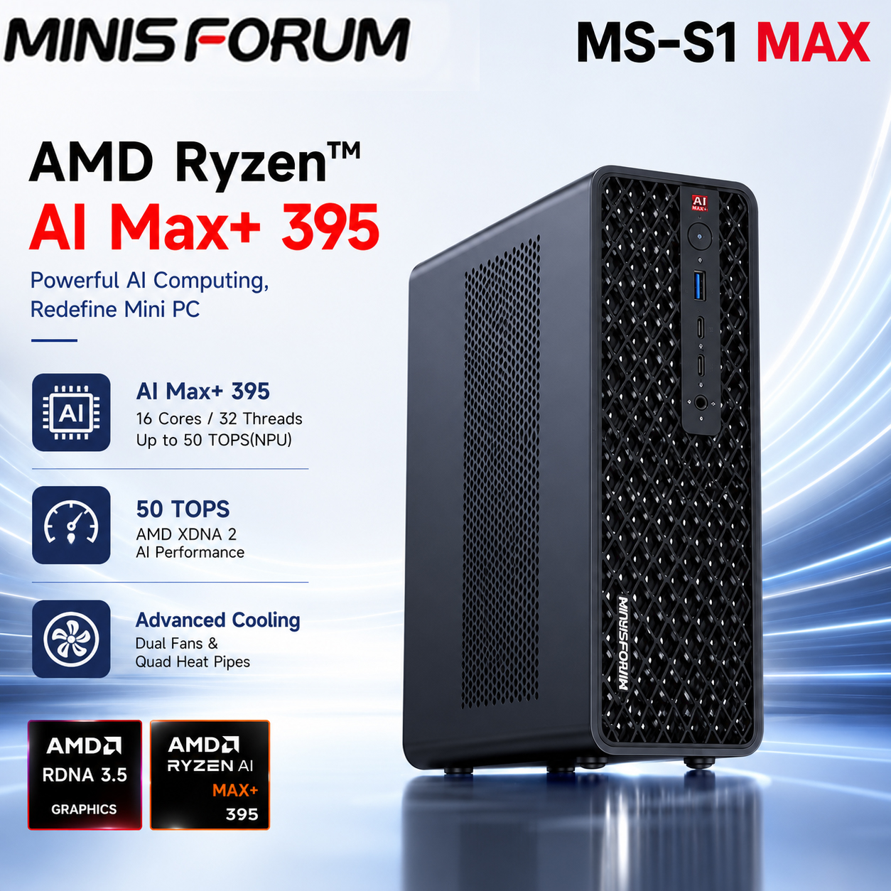 MINISFORUM MS-S1 MAX AMD Ryzen MAX+ 395 AI Mini PC LPDDR5x 64GB 8000MT/s 2TB WiFi7 BT5.4 PCIe ×16 slot  2*10GbE LAN 2*USB4 V2