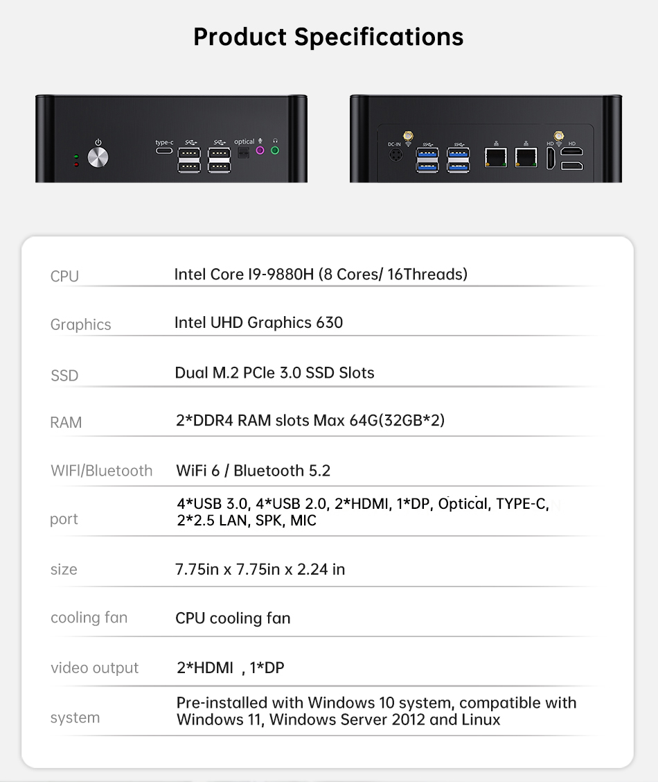 Msecore MV8 Intel i9-9880H Windows 11 Pro Micro Mini PC Desktop Computer Portable Office Mini pc 2Lan NVME SSD WiFi6 Bluetooth 5.2 - Image 3