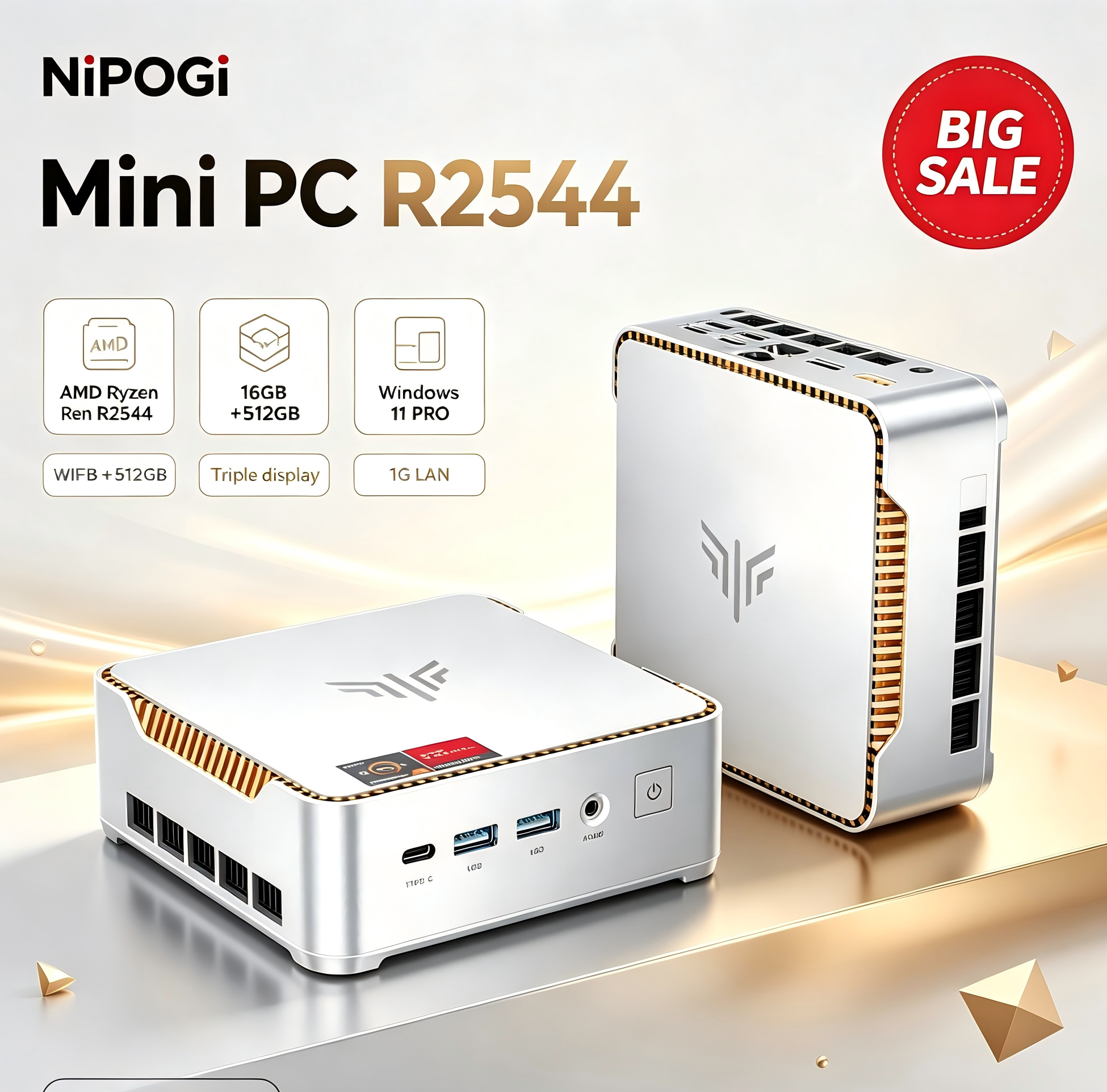 NIPOGI Mini PC AMD Ryzen R2544,Beat 4300U Up to 3.7GHz) 16GB DDR4 512GB Triple 4K Display Windows 11 PRO Office Home Desktop PC