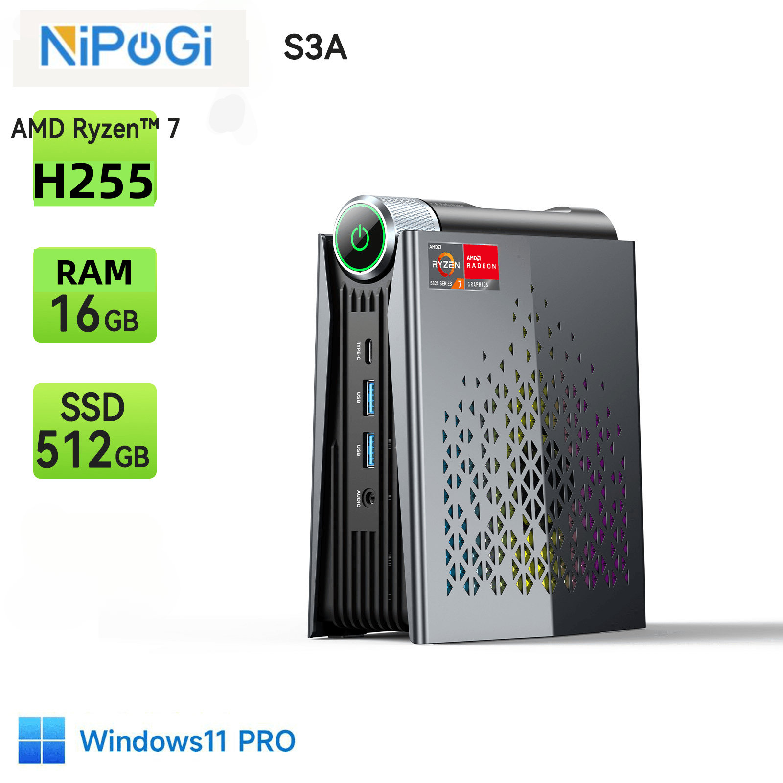 NIPOGI Mini PC R7 H255 4.9GHz WIFI6 BT5.2 Mini Computer LPDDR5 6400MHz PCIe4.0 SSD 2.5G LAN USB4.0 Mini Computer With RGB Light