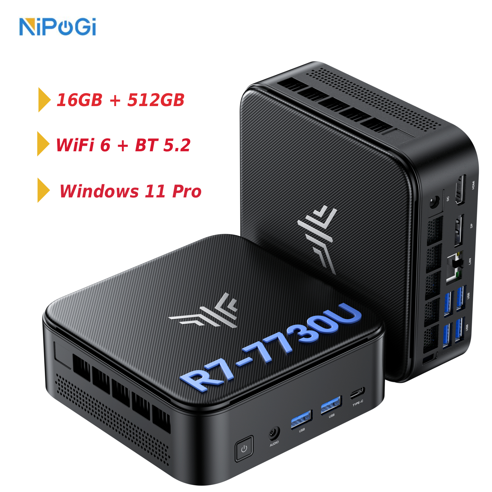 NIPOGI Ultra Mini PC AMD Ryzen 7 7730U 16GB LPDDR4X 512GB SSD Dual Fan Triple Display WiFi6E BT5.2 Desktop Computer Win11 Pro
