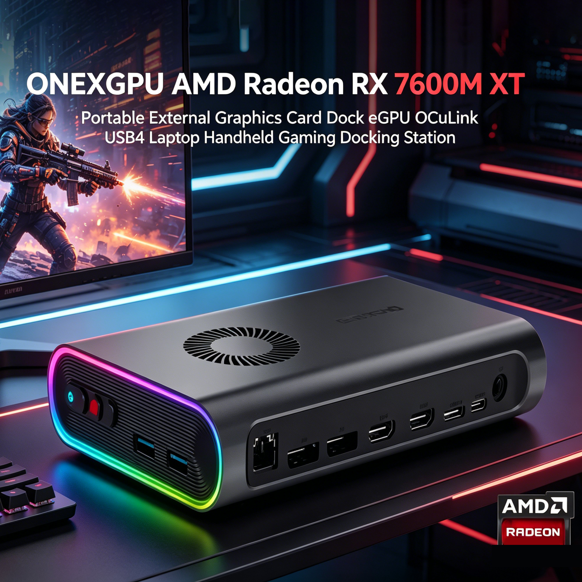 ONEXGPU AMD Radeon RX 7600M XT Portable External Graphics Card Dock eGPU, OCu Link USB4 Laptop Handheld Gaming Docking Station