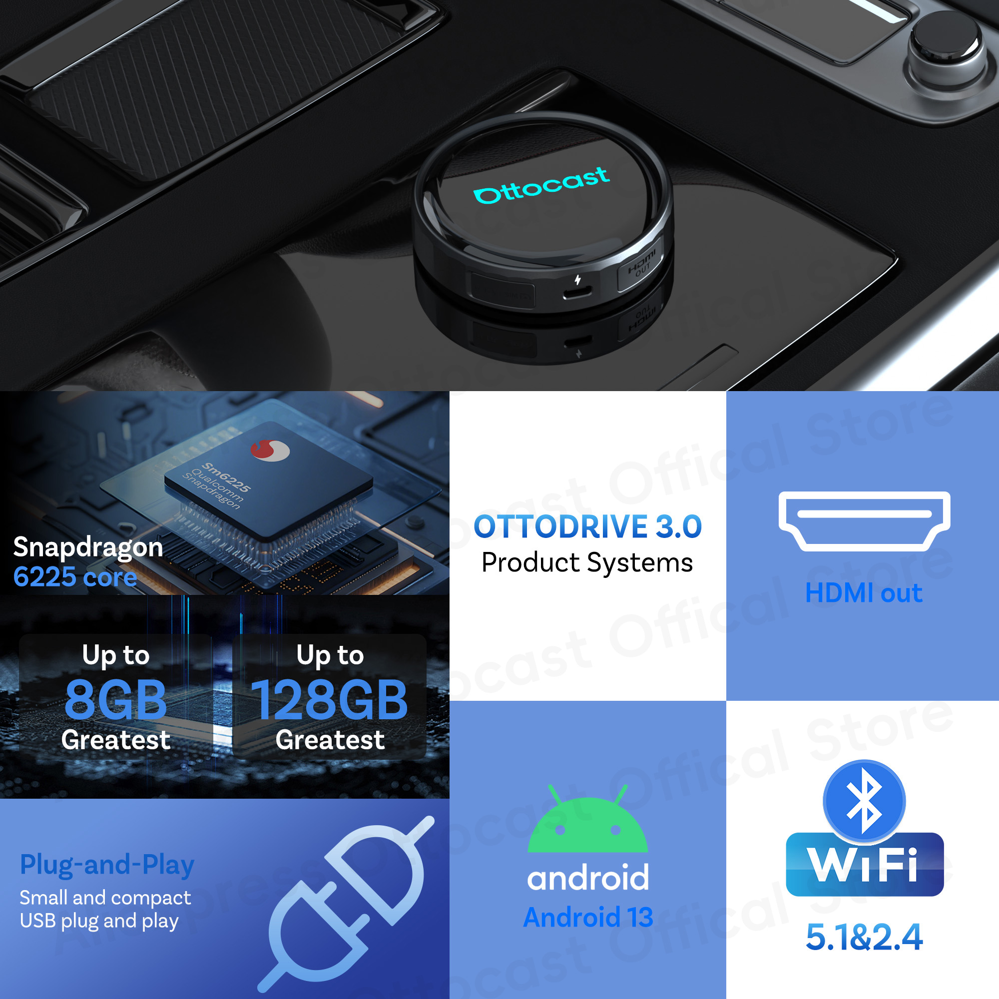 OTTOCAST P3 PRO AI Box Smart SM6225 Android Box Wireless CarPlay Android Auto AI Voice Car Accessories for VW Toyota Benz