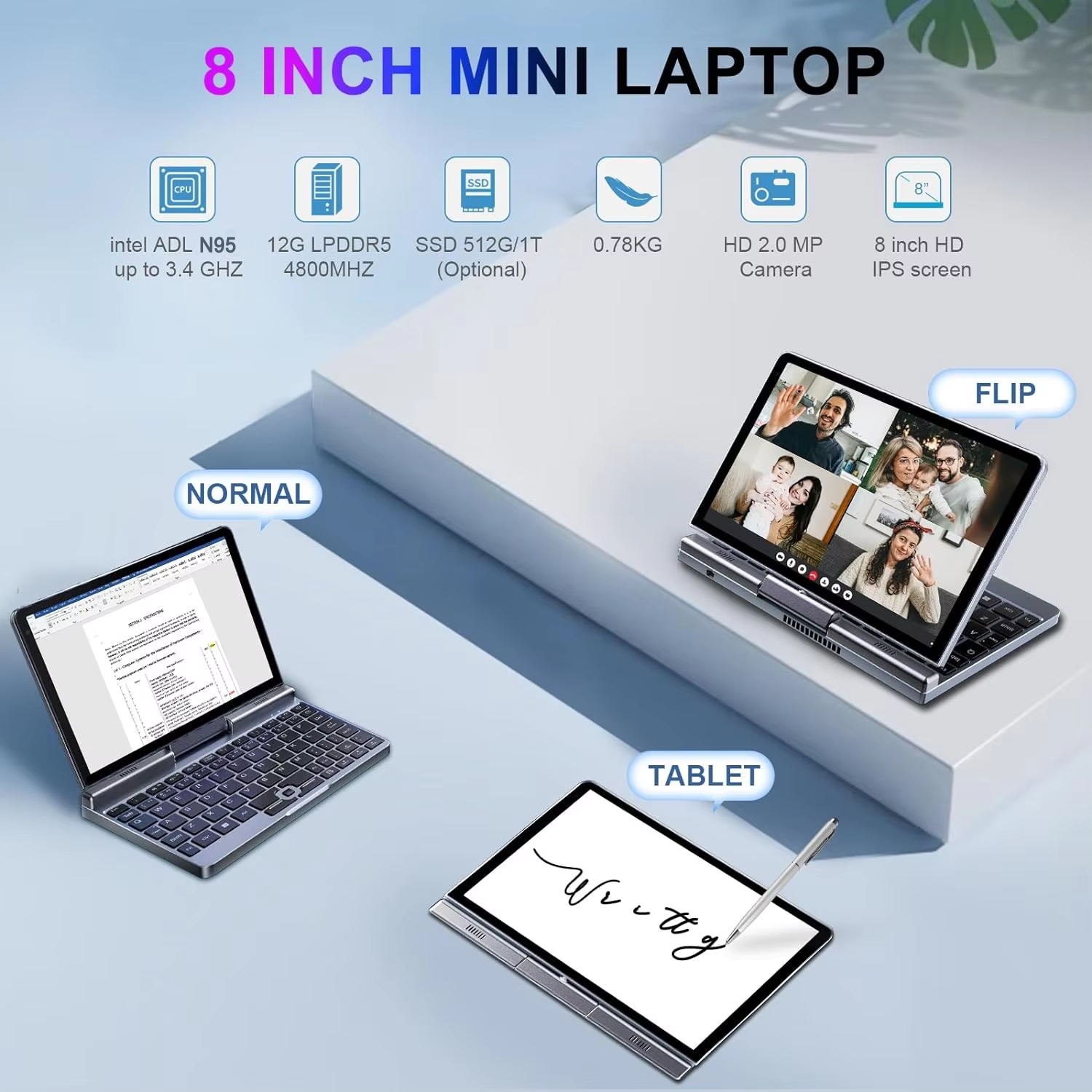 Portable Mini Laptop windows OS 8 Inch Touch Screen Notebook N95 12GB+1TB IPS Small Notebook Portable PC Micro Computer - Image 4