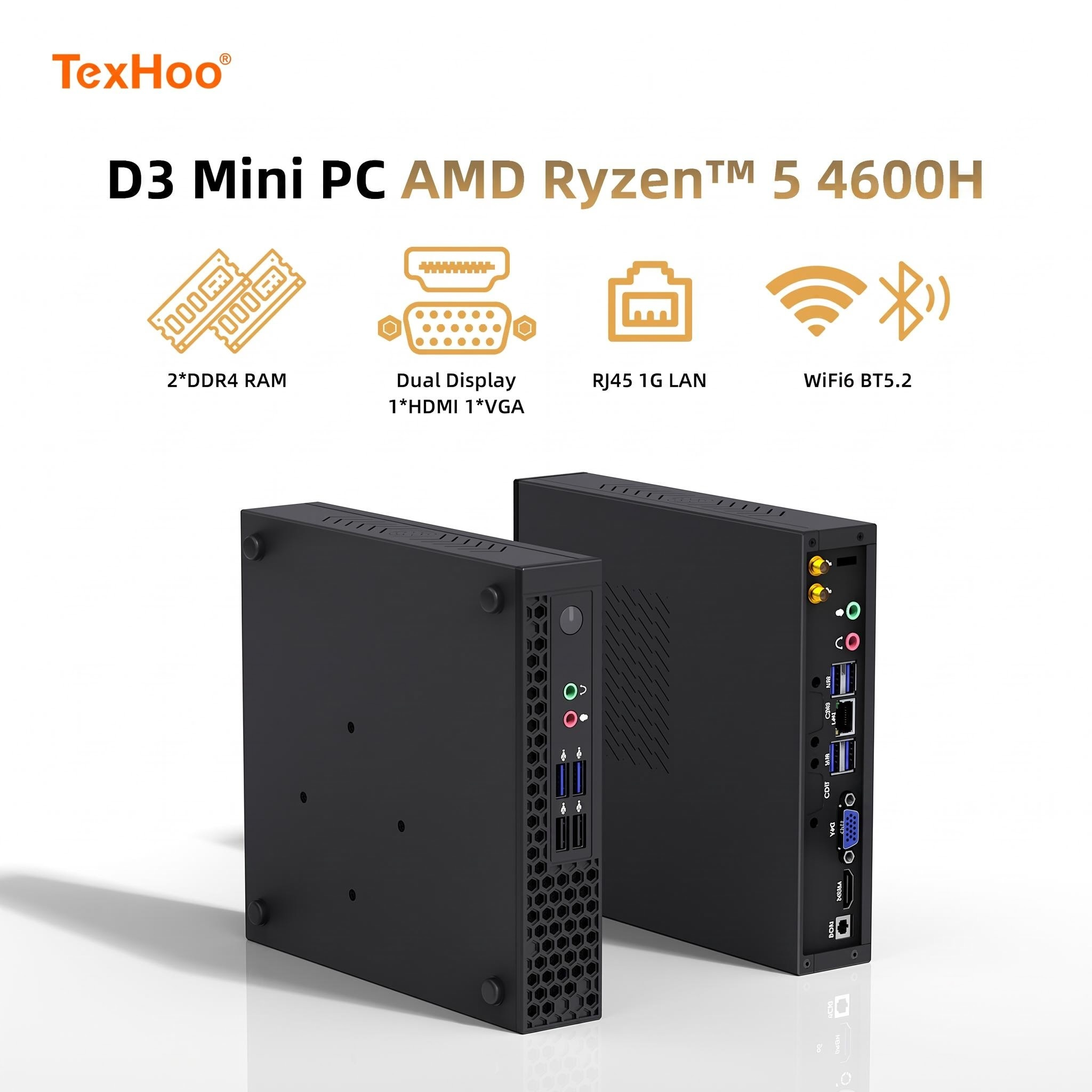Texhoo MINI PC AMD Ryzen5 4600H 16G DDR4 3200MHz 256G NVMe SSD Desktop Mini Computers WIFI6 BT5.2 HDMI LAN Dual 4k Display