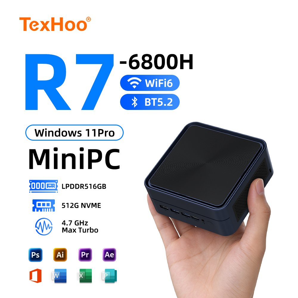 Texhoo MINI PC AMD Ryzen7 6800H 16GB LPDDR5 4800MHz 512GB NVME SSD 4.7GHz Windows 11 WIFI6 BT5.2 Desktop Office Computer PC