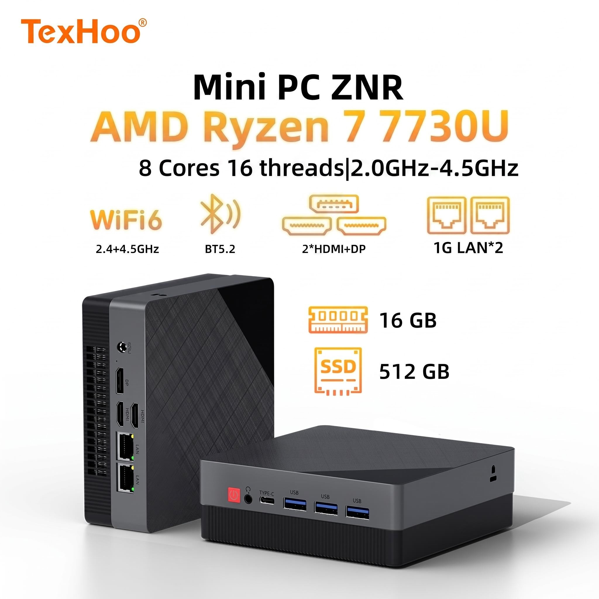 Texhoo MINI PC AMD Ryzen7 7730U Windows 11 8G DDR4 2666MHz 256G M.2 SSD Desktop Mini Computers WIFI6 BT5.2 Dual 4k Display
