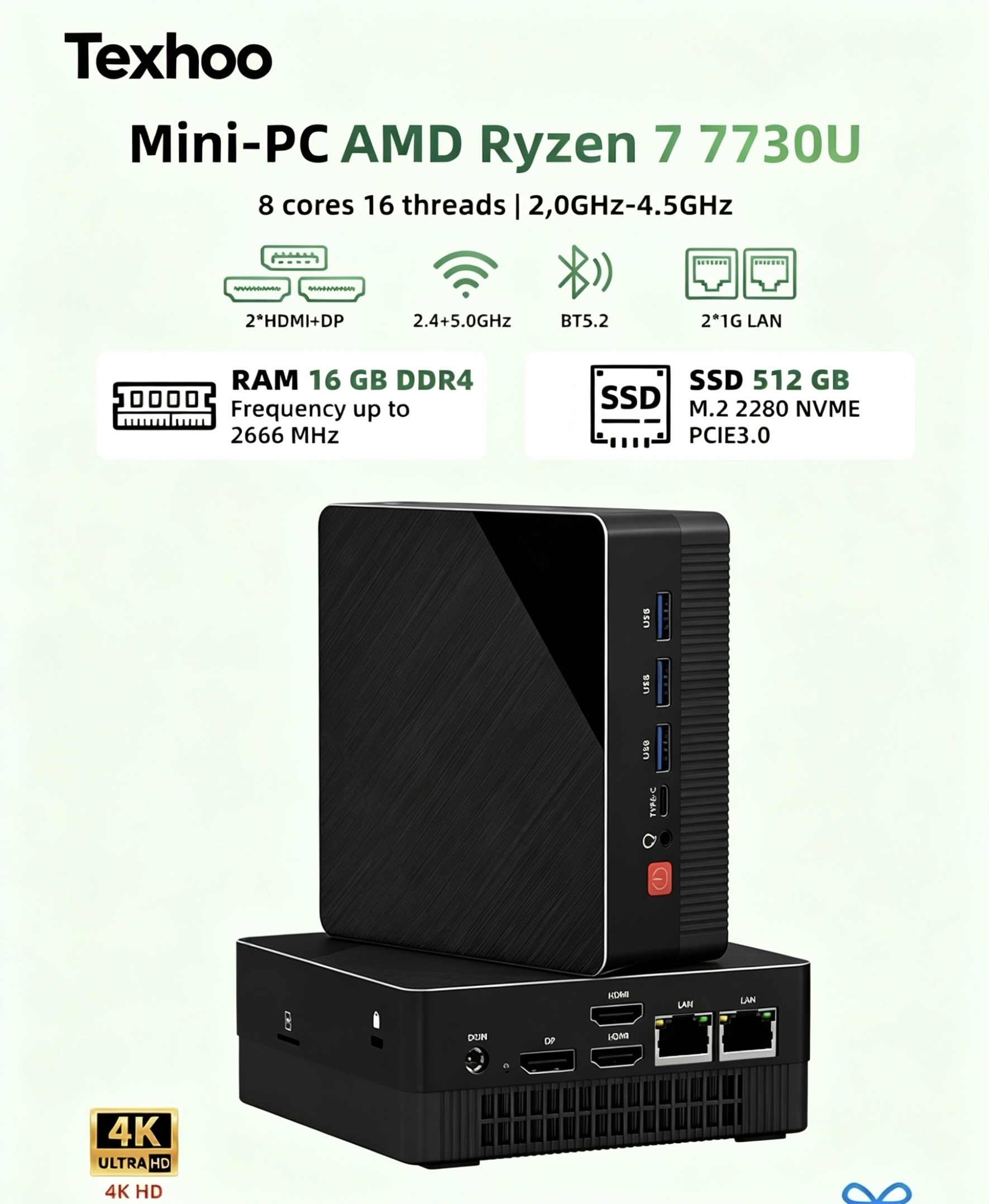 Texhoo MINI PC AMD Ryzen7 7730U Windows 11 8G DDR4 2666MHz 256G M.2 SSD Desktop Mini Computers WIFI6 BT5.2 Dual 4k Display