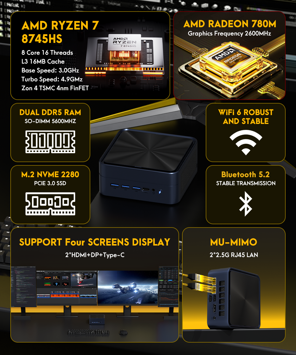 TexHoo Mini PC Ryzen 7 8745HS 16GB 512GB SSD