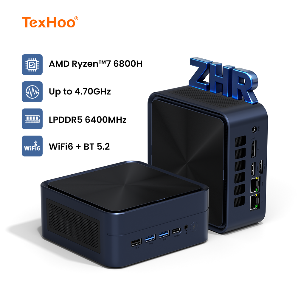 Texhoo MINI PC Ryzen7 6800H Windows 11 Pro LPDDR5 16G 6400Mhz 1TB M.2 NVME SSD WIFI6 BT5.2 3.2-4.7GHz DIY Gaming Computer