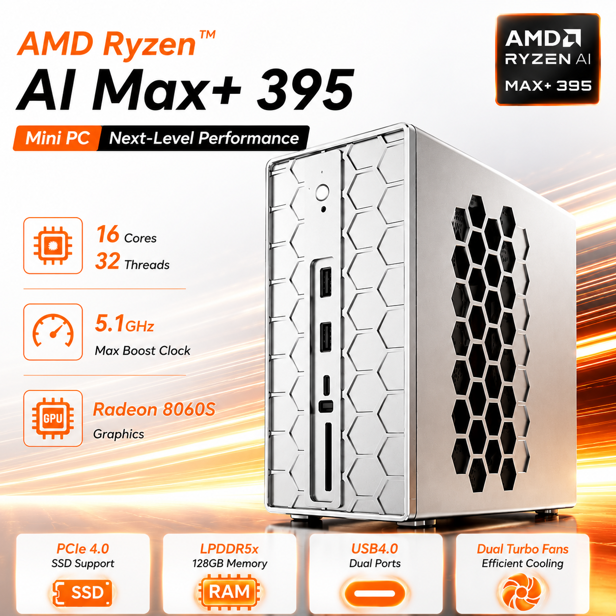TOPC AMD Ryzen AI Max+395 Mini PC Radeon 8060S LPDDR5X USB4 WiFi 7 10GbE+2.5GbE 4×M.2 PCIe4.0 Gaming PC Win11 Pro pc gamer