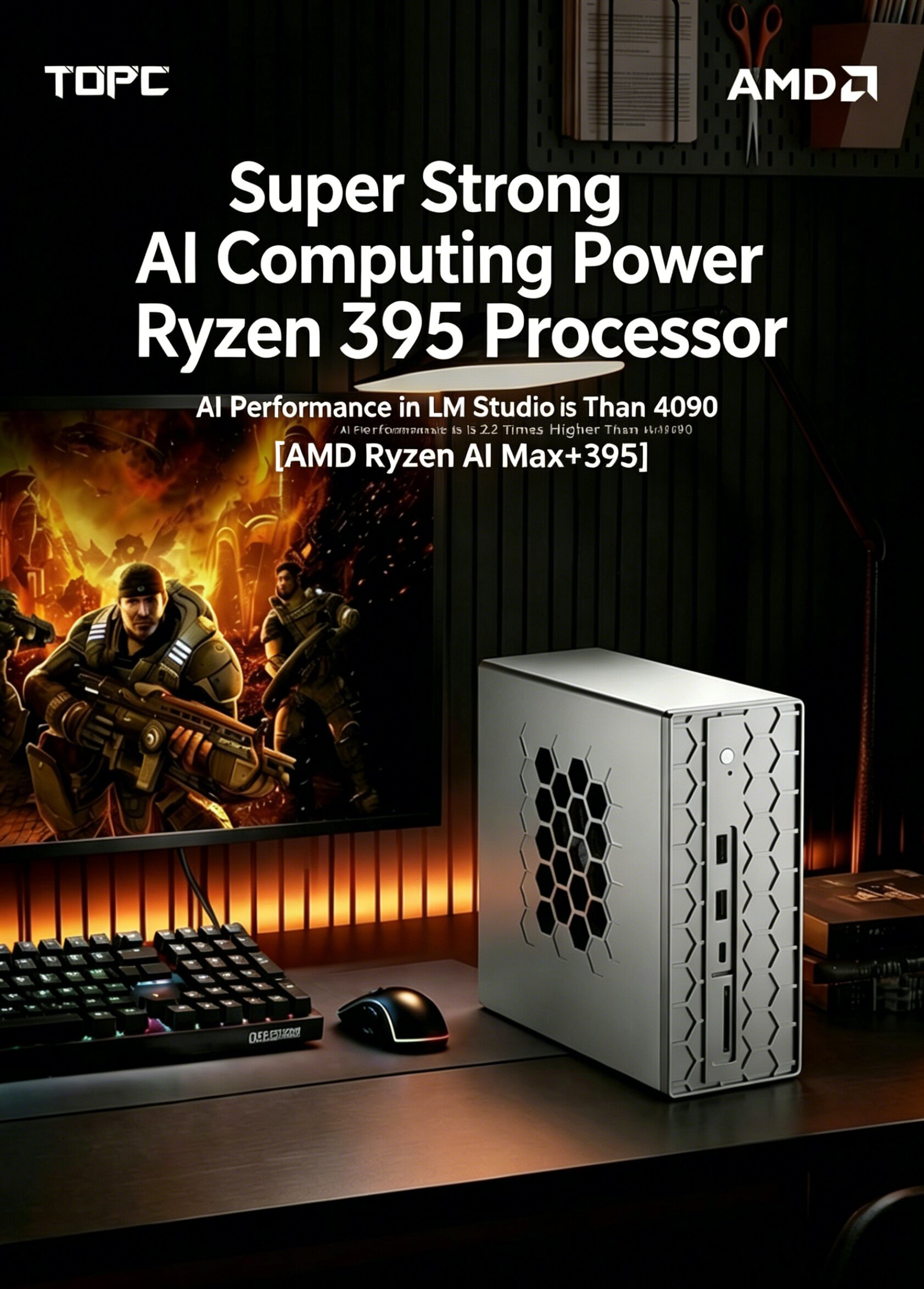TOPC AMD Ryzen AI Max+395 Mini PC Radeon 8060S LPDDR5X USB4 WiFi 7 10GbE+2.5GbE 4×M.2 PCIe4.0 Gaming PC Win11 Pro pc gamer