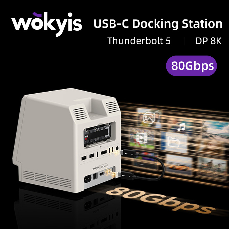 Wokyis 80Gbps Docking Station Type C to 8K DP Triple Display Compatible with Thunderbolt 5 80GbpsM.2 SSD SD4.0 15 in 1 USB C HUB