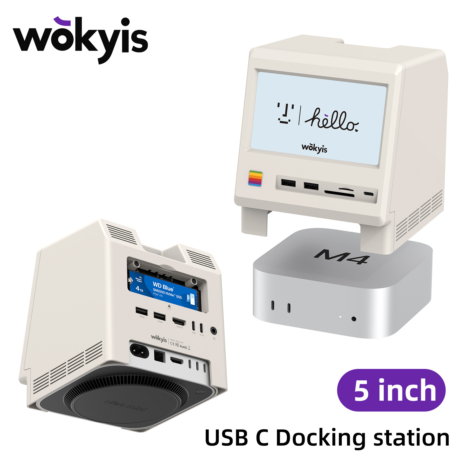 Wokyis M5 10Gbps Mac mini M4 Dock 5inch Full HD IPS Screen USB-C HUB Monitor Display with M.2 SSD Enclosure