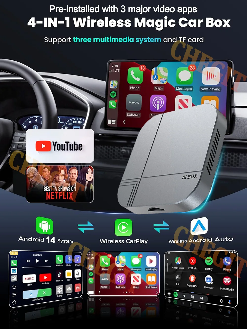 2026 Android AI Box 4G+64G / 2G+16G Wireless CarPlay Adapter Android Auto TV Box For Youtube Netflix For VW Toyota Hyundai Ford
