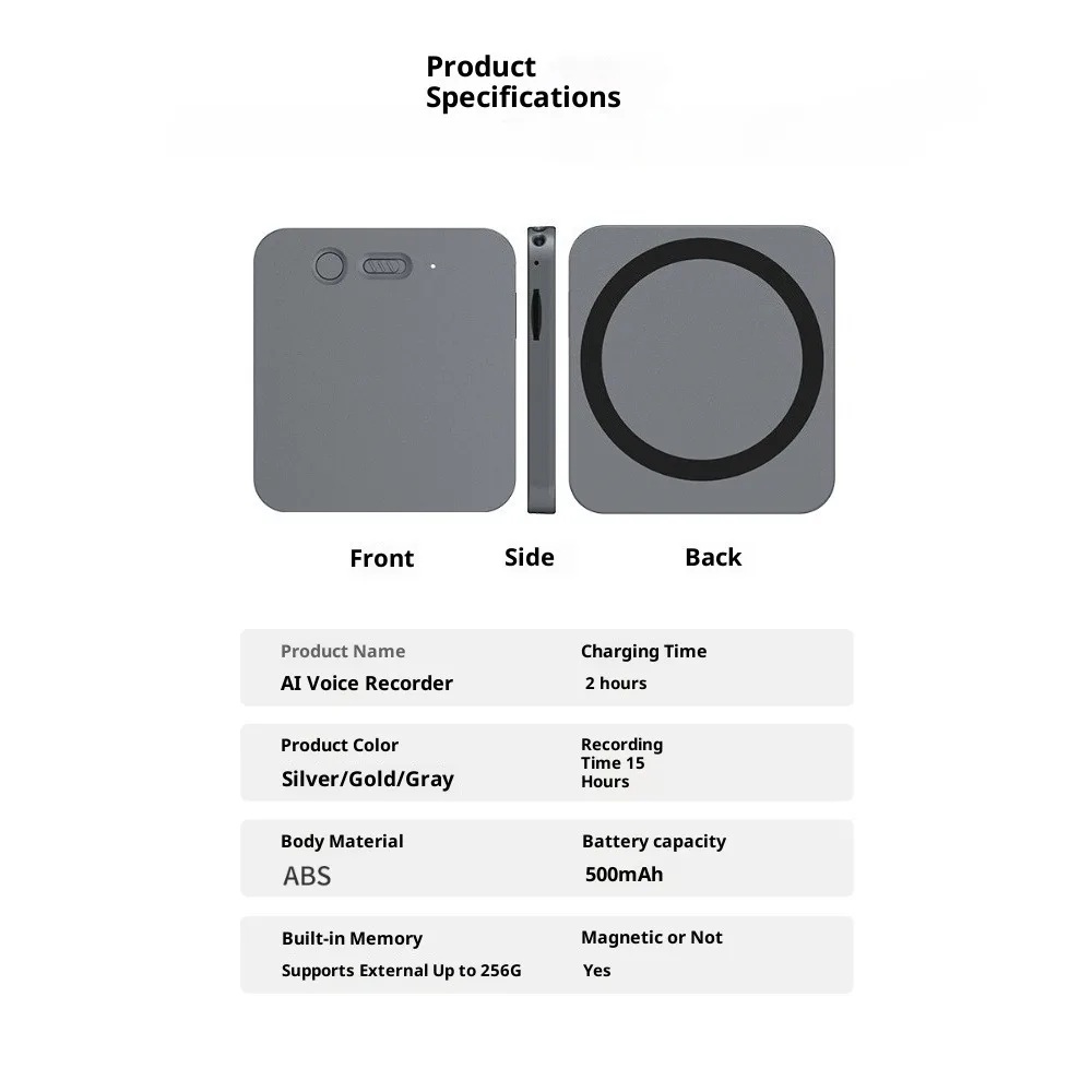 A2 Ultra Thin AI Magnetic Voice Recorder Real Time Transcription Translate Summary Multi Language Tool Office Meeting Recording - Image 6