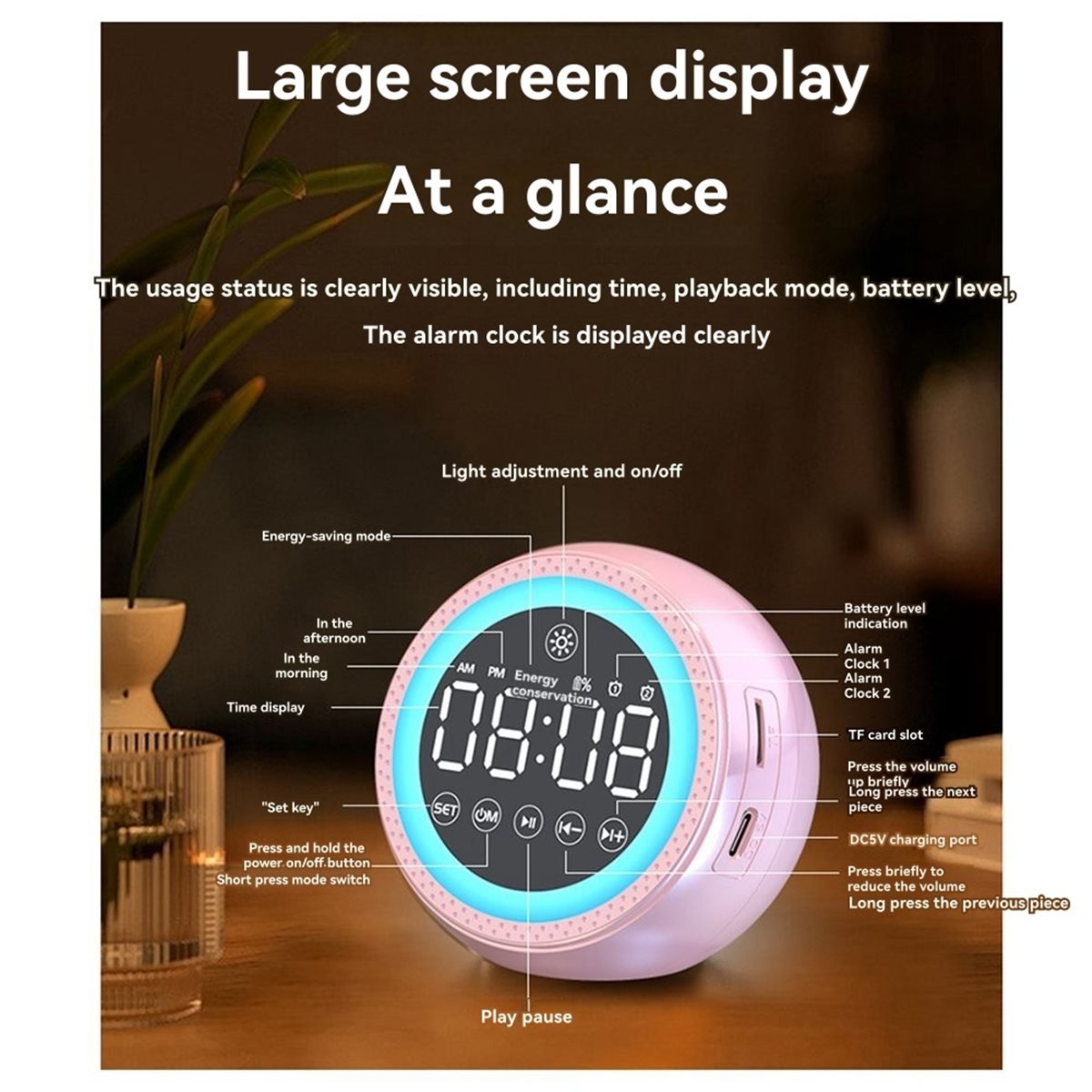A32I Multi Functional Alarm Clock Bluetooth Speaker Colorful Night Light Bedroom Bedside Weather Smart AI Speaker Voice Chat