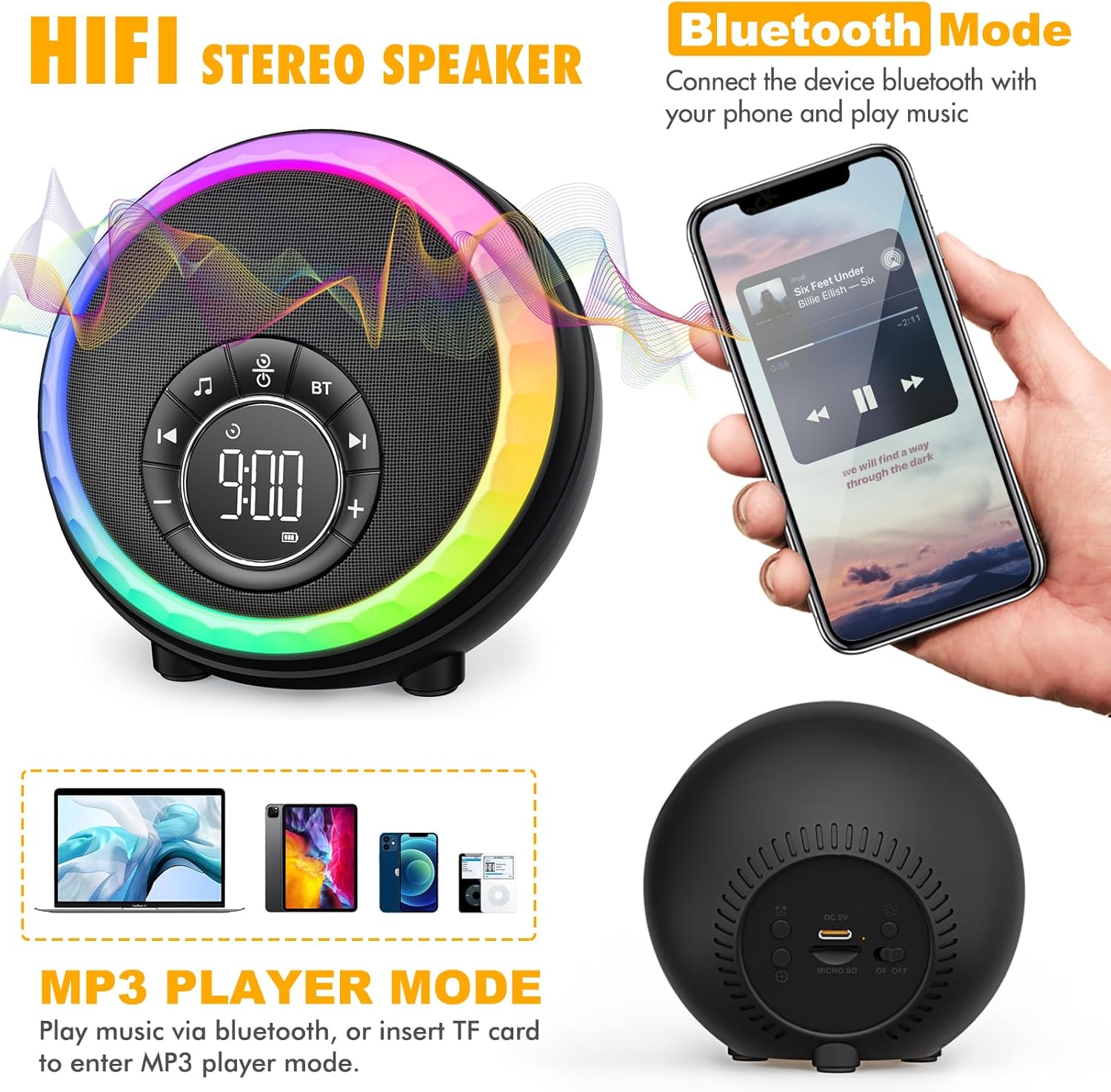Bluetooth Speaker Alarm Clock Night Light, Portable Sound Machine with White Noise, Dimmable Bedside Lamp for Bedroom Perfect Gift