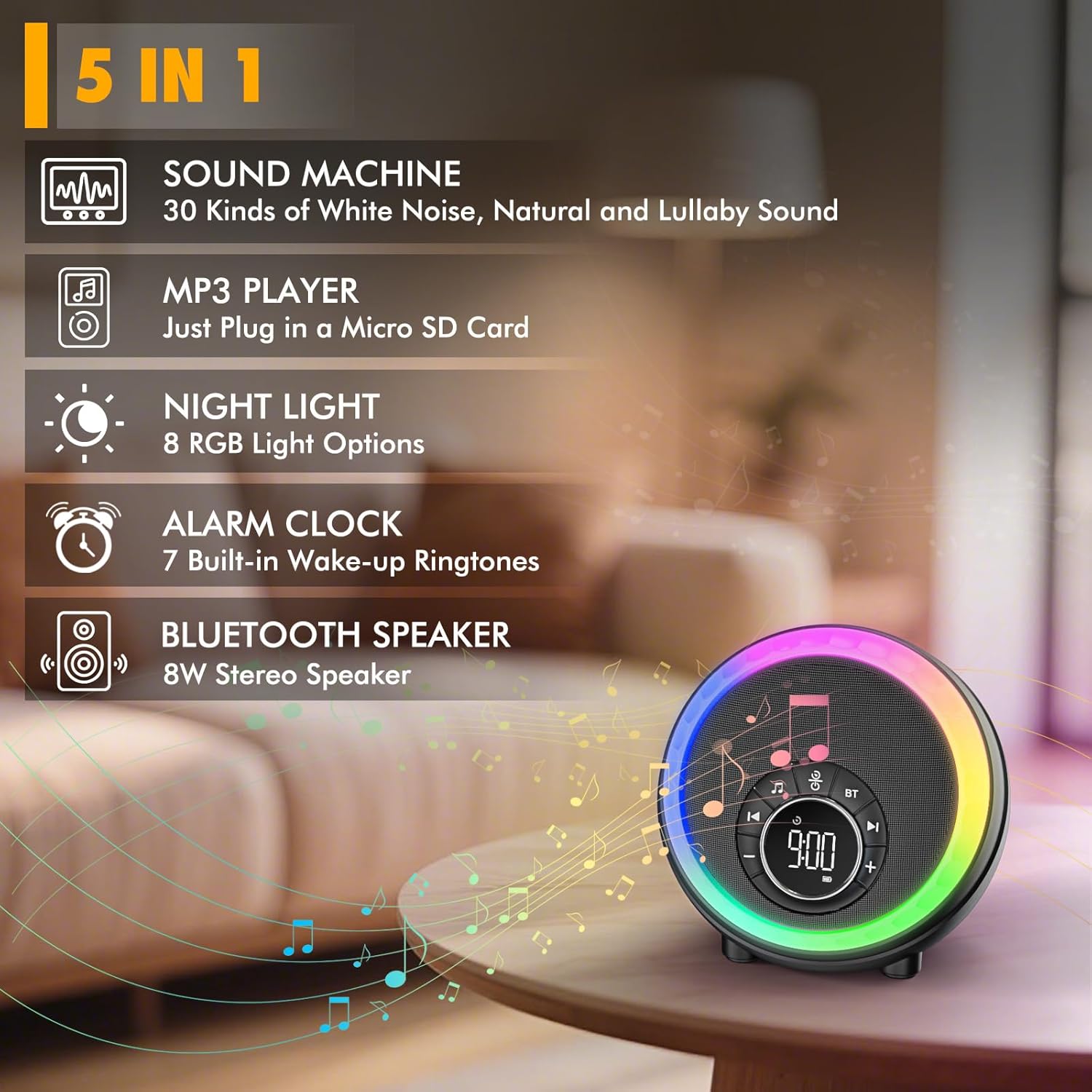 Bluetooth Speaker Alarm Clock Night Light, Portable Sound Machine with White Noise, Dimmable Bedside Lamp for Bedroom Perfect Gift