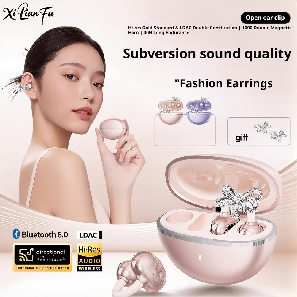 Bow Shaped Diamond Buckle Earrings Star Open Ear Clip Waterproof Range Ai Intelligent Wireless Earphones Long Bluetooth B1Z4 - Image 3