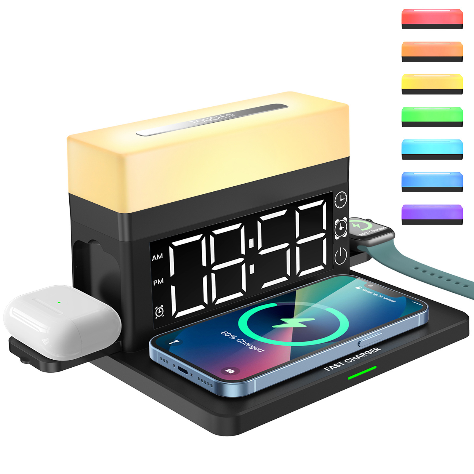 Desk Digital Alarm Clocks with 15W Wireless Charging for Airpods Apple Watch Night Light 6 in 1 for Table Bedroom Office Decor