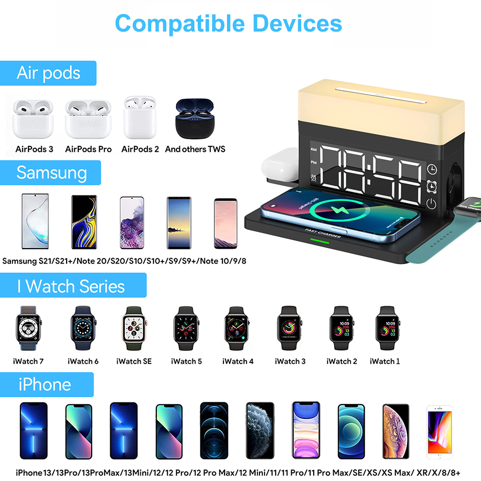 Desk Digital Alarm Clocks with 15W Wireless Charging for Airpods Apple Watch Night Light 6 in 1 for Table Bedroom Office Decor
